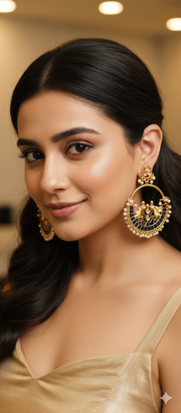 Top Quality Artificial attractive blue meena work round pearl stone gold plated earrings