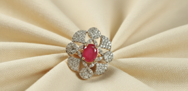 Atificial And attractive red center stone studded floral design Elegant Floral Designer Ring