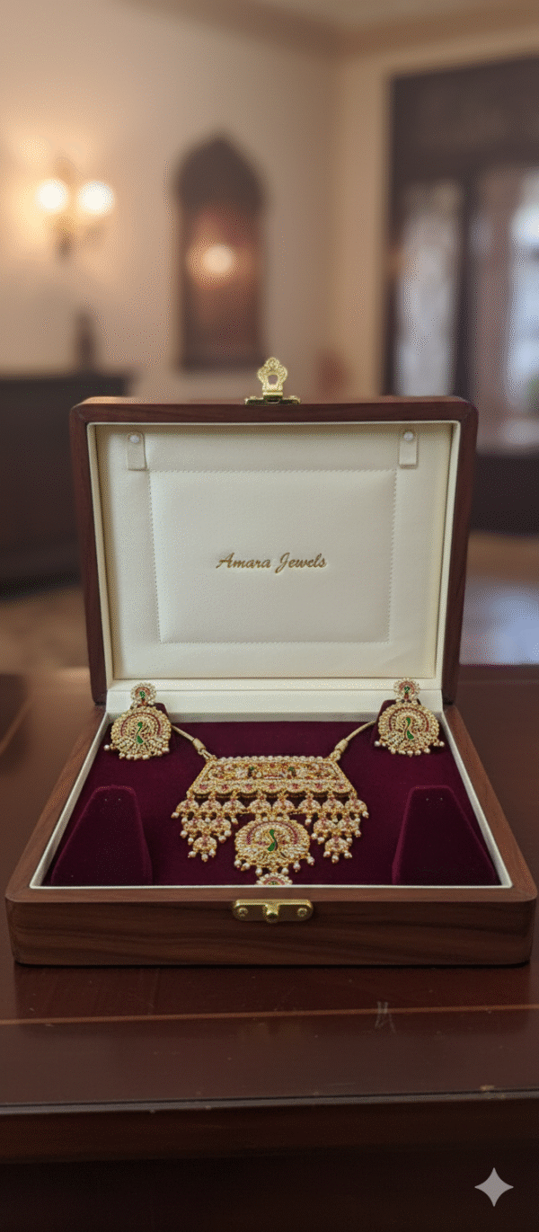 beautiful artificial jewelry set that includes a necklace and matching earrings, featuring an intricate peacock design