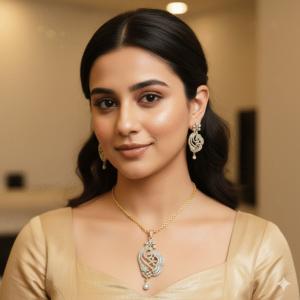 Artificial Shimmering White Stone Designer Pendant with Earrings