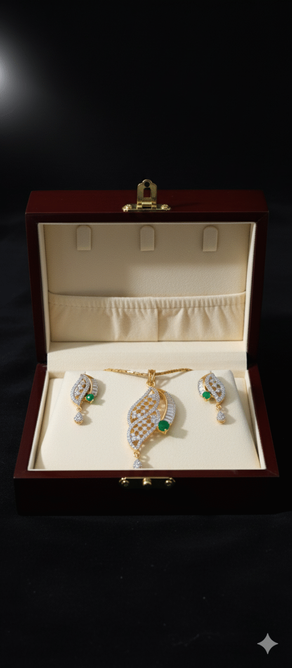 Artificial Shimmering White and green Stone Designer Pendant with Earrings