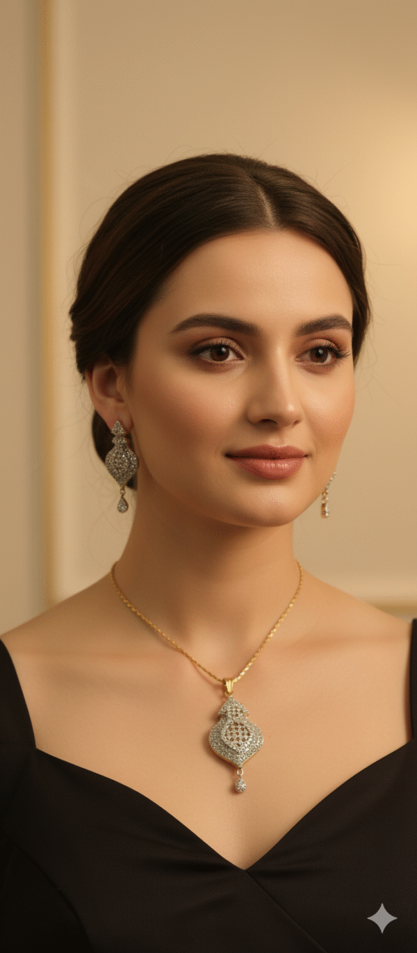 Artificial Shimmering White Stone Pendant with Earrings