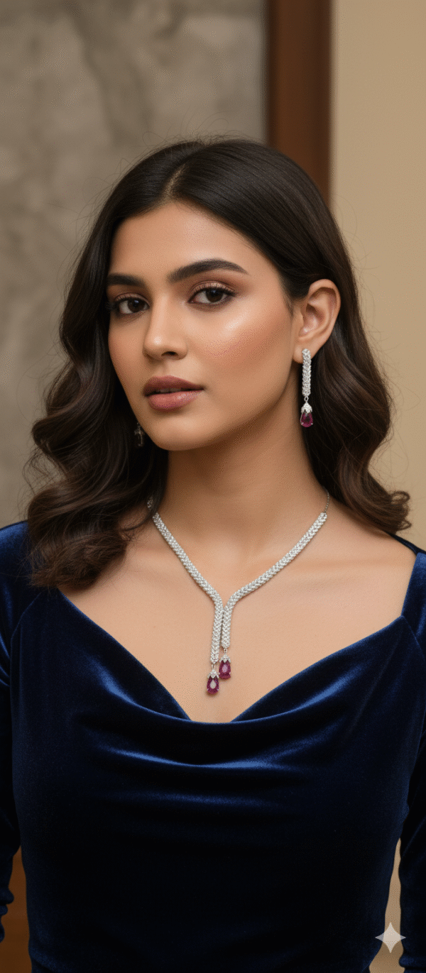 Artificial Silver-Plated Necklace Set with Red Teardrop Stone
