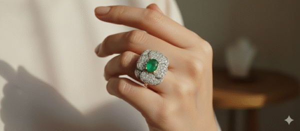 Artificial And attractive green center stone floral diamond detailing Exquisite Designer Statement Ring