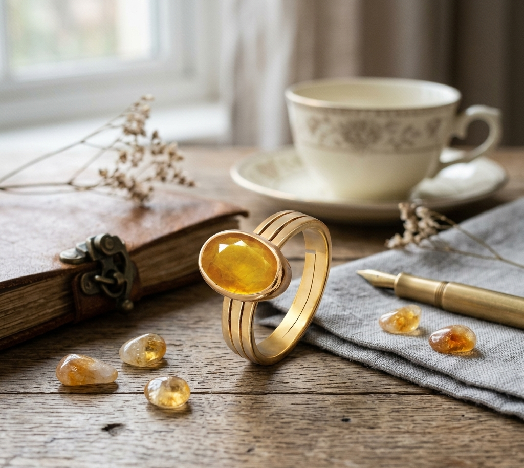 Natural and certified yellow sapphire (pukhraj) panchdhatu adjustable ring