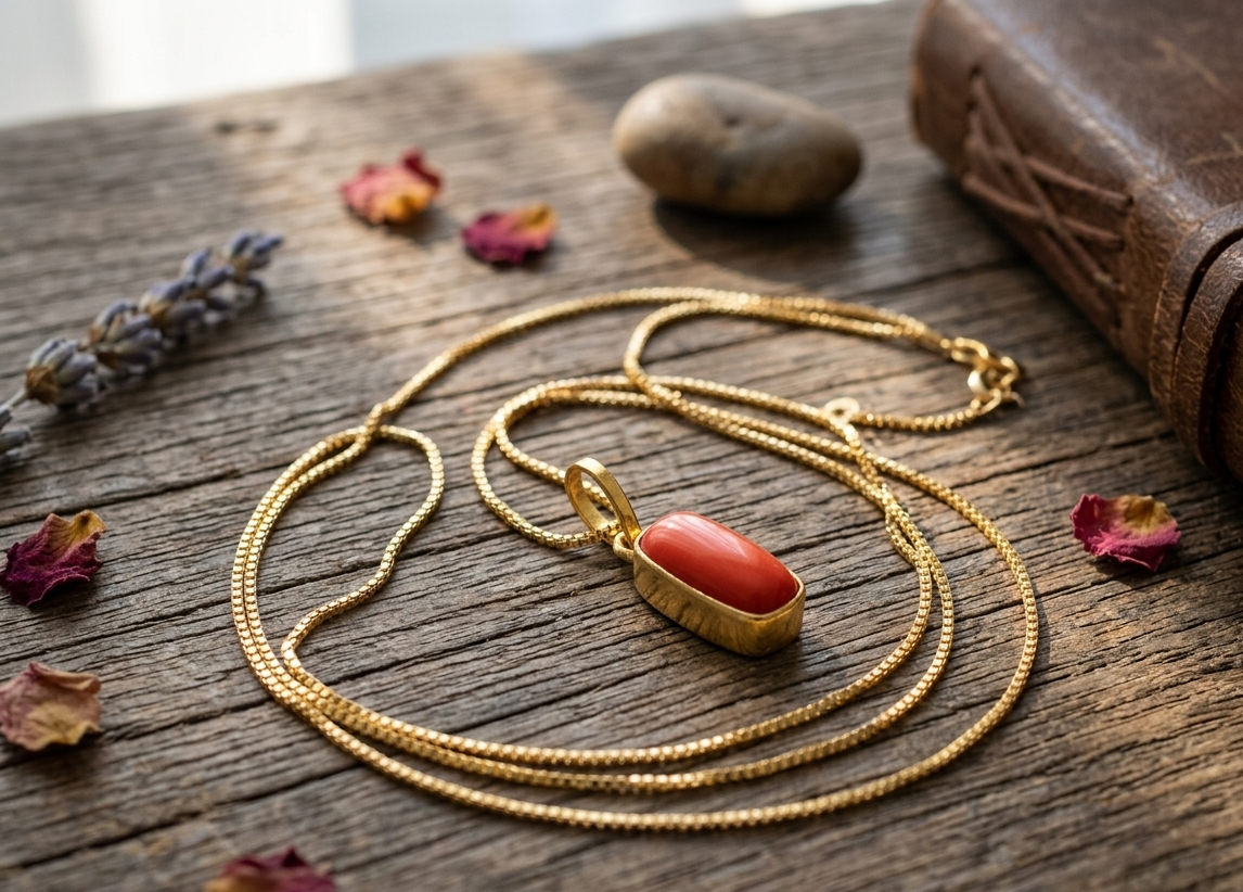 Natural and certified top quality coral(moonga) stone panchdhatu pendent