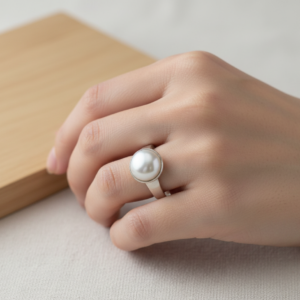 Alternative view of Natural and certified Pearl (moti) silver plated adjustable ring