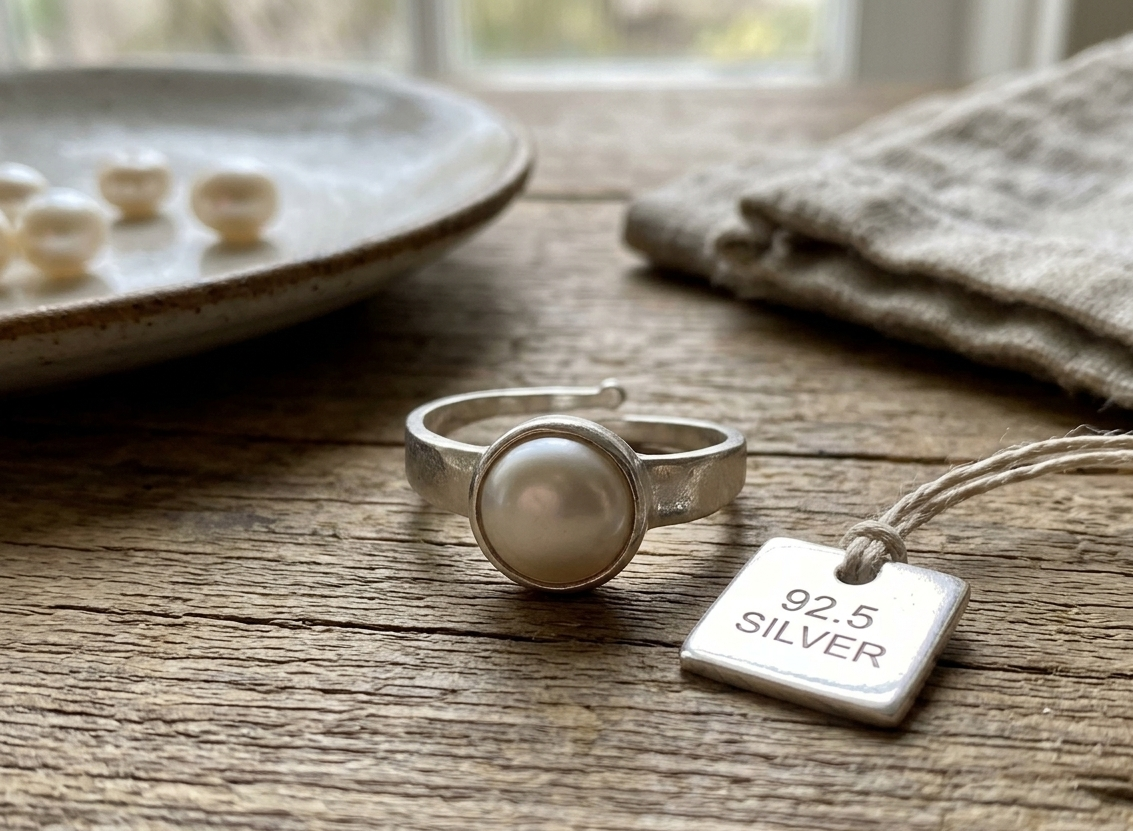 Natural and certified pearl (moti) 92.5 pure silver adjustable ring - Image 4