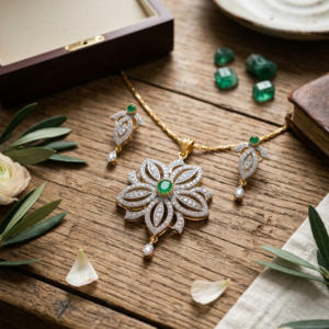 Exquisite artificial jewelry set features a delicate, nature-inspired design centered around a floral motif