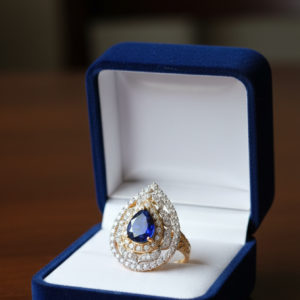 Fancy and beautiful blue stone with american diamonds artificial gold plated ring