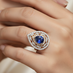 Alternative view of Fancy and beautiful blue stone with american diamonds artificial gold plated ring