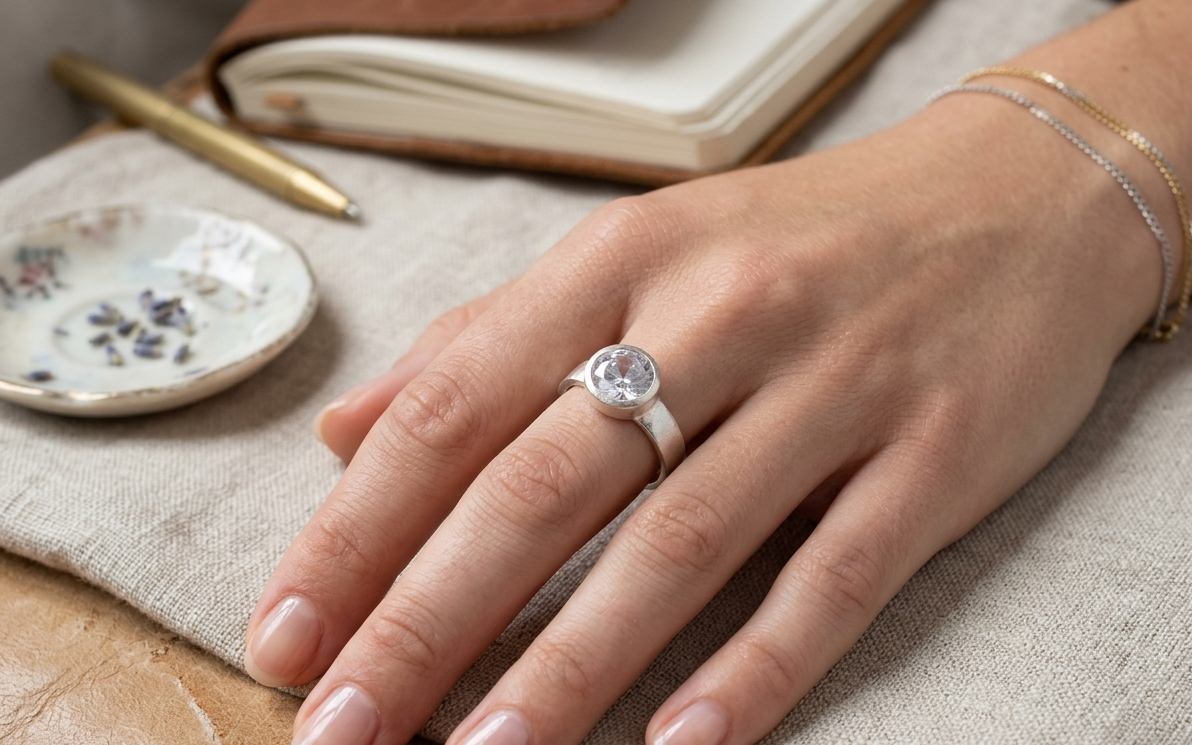Natural and top quality american diamond (zircon) silver plated adjustable ring - Image 3