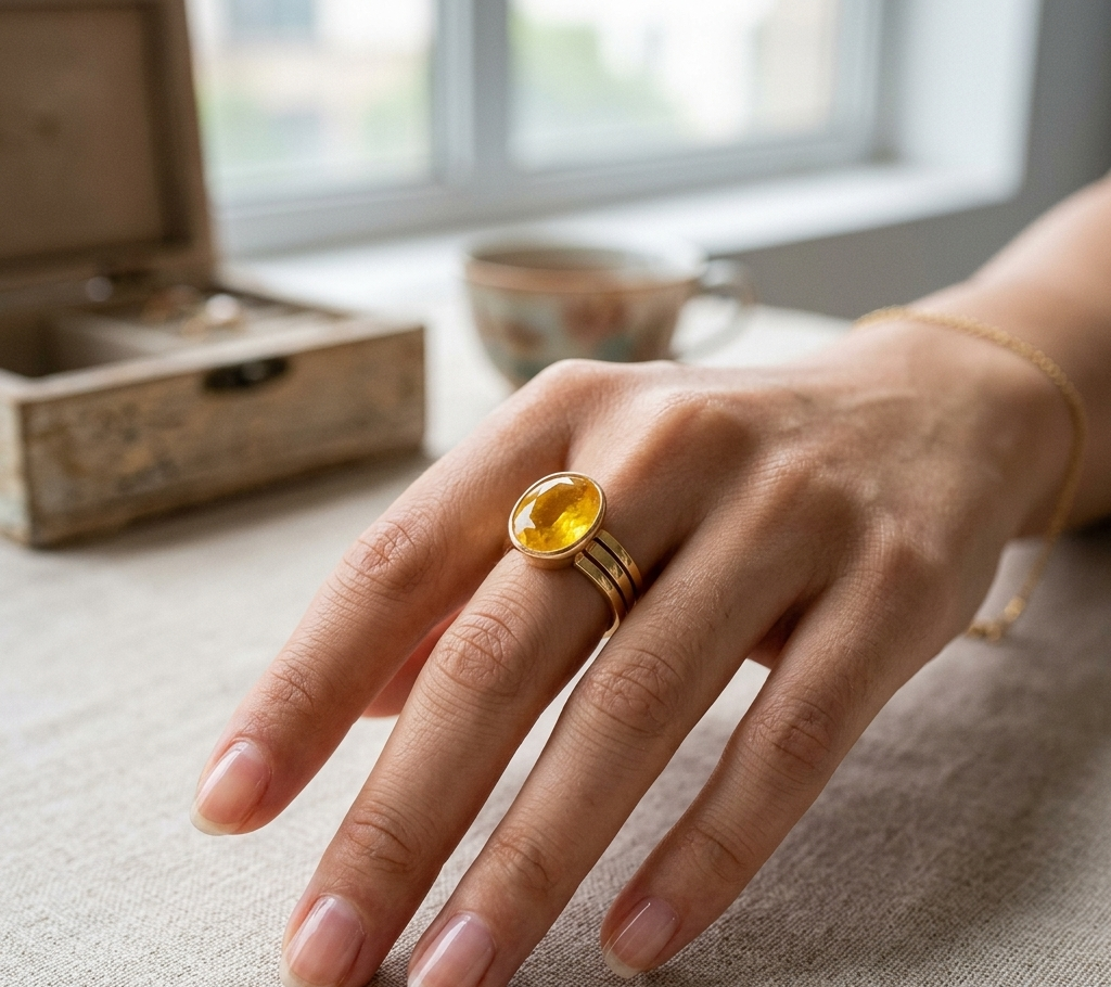 Natural and certified yellow sapphire (pukhraj) panchdhatu adjustable ring - Image 3