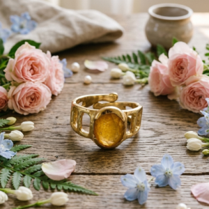 Natural and certified yellow sapphire (pukhraj) designer panchdhatu adjustable ring
