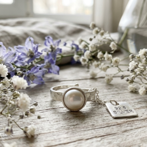 Alternative view of Natural and certified pearl (moti) 92.5 pure silver adjustable ring