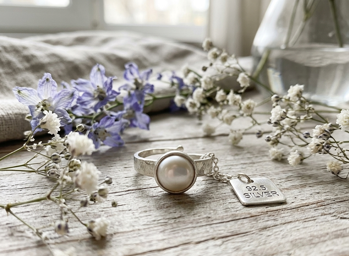 Natural and certified pearl (moti) 92.5 pure silver adjustable ring - Image 2