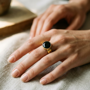 Alternative view of Natural black american diamond (black zircon) panchdhatu adjustable ring
