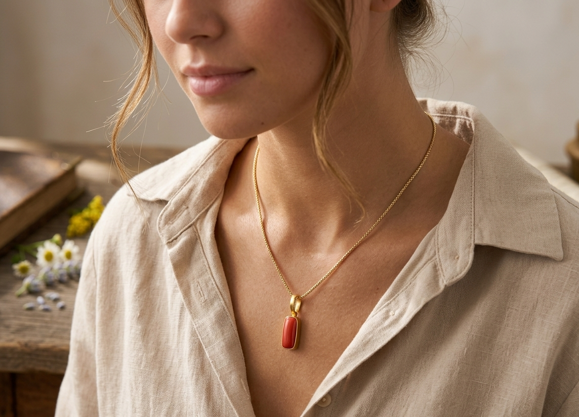 Natural and certified top quality coral(moonga) stone panchdhatu pendent - Image 3