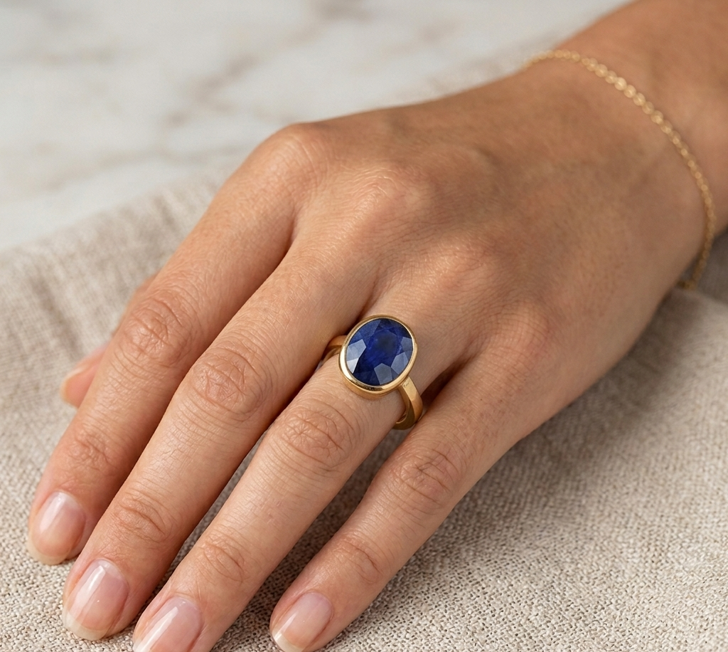 Natural and certified blue sapphire (neelam) pandhdhatu adjustable ring
