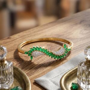 Alternative view of Fancy and beautiful artificial green leaf shape stone with americon diamonds gold plated bangle