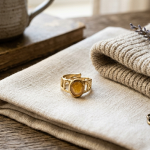 Alternative view of Natural and certified yellow sapphire (pukhraj) designer panchdhatu adjustable ring