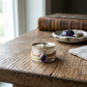 Natural good quality amethyst stone three metals 92.5 pure silver & metal and brass ring