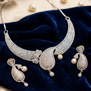 Fancy american diamond with drop shape pearls beautiful artificial gold plated necless set