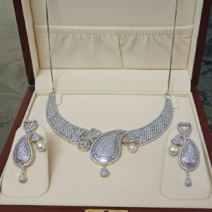 Alternative view of Fancy american diamond with drop shape pearls beautiful artificial gold plated necless set