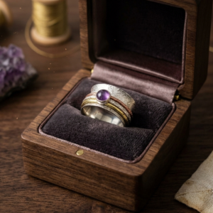 Alternative view of Natural good quality amethyst stone three metals 92.5 pure silver & metal and brass ring
