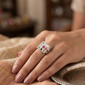 Alternative view of Natural 9 planets navratan pure 92.5 silver adjustable ring