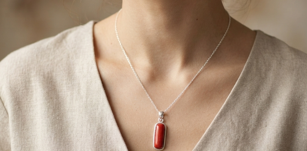 Natural and good quality coral (moonga) stone silver plated pendent - Image 6