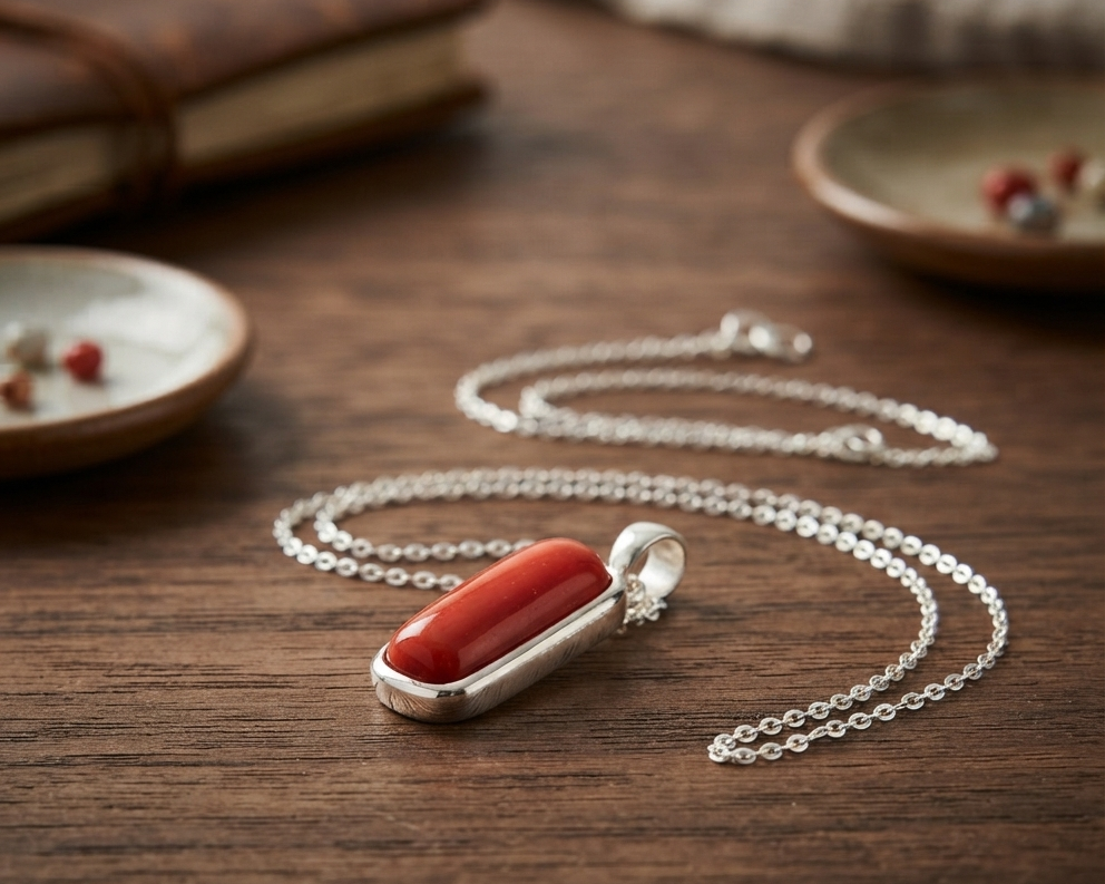Natural and good quality coral (moonga) stone silver plated pendent