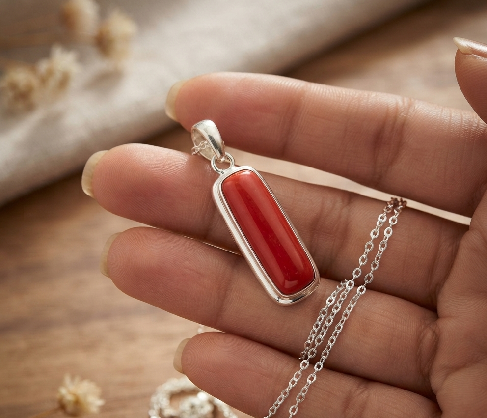 Natural and good quality coral (moonga) stone silver plated pendent - Image 5