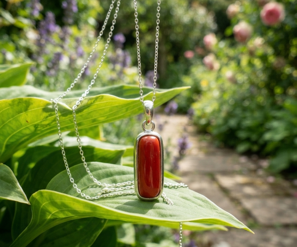Natural and good quality coral (moonga) stone silver plated pendent - Image 4