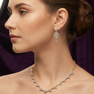 Alternative view of zircon gold plated fancy and attractive neckless set with maching earrings