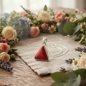 Alternative view of Natural and quality trikon coral (moonga) silver plated pendent