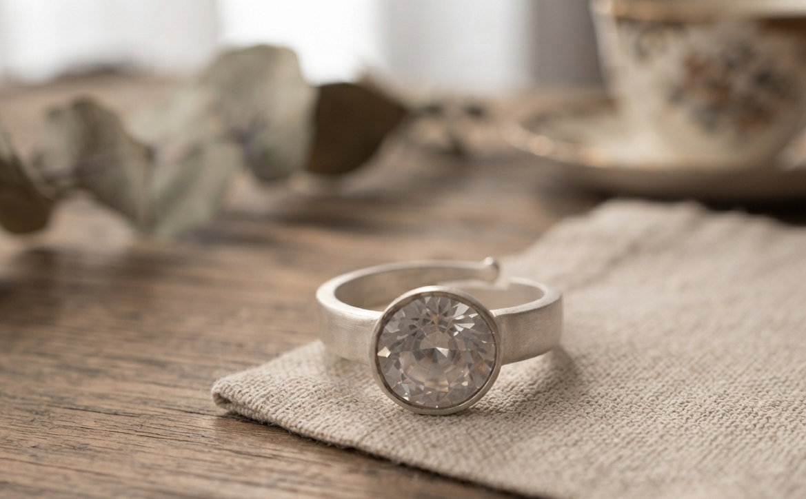 Natural and good quality american diamond (zircon) silver plated adjustable ring.