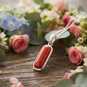 Alternative view of Natural and good quality coral (moonga) stone silver plated pendent