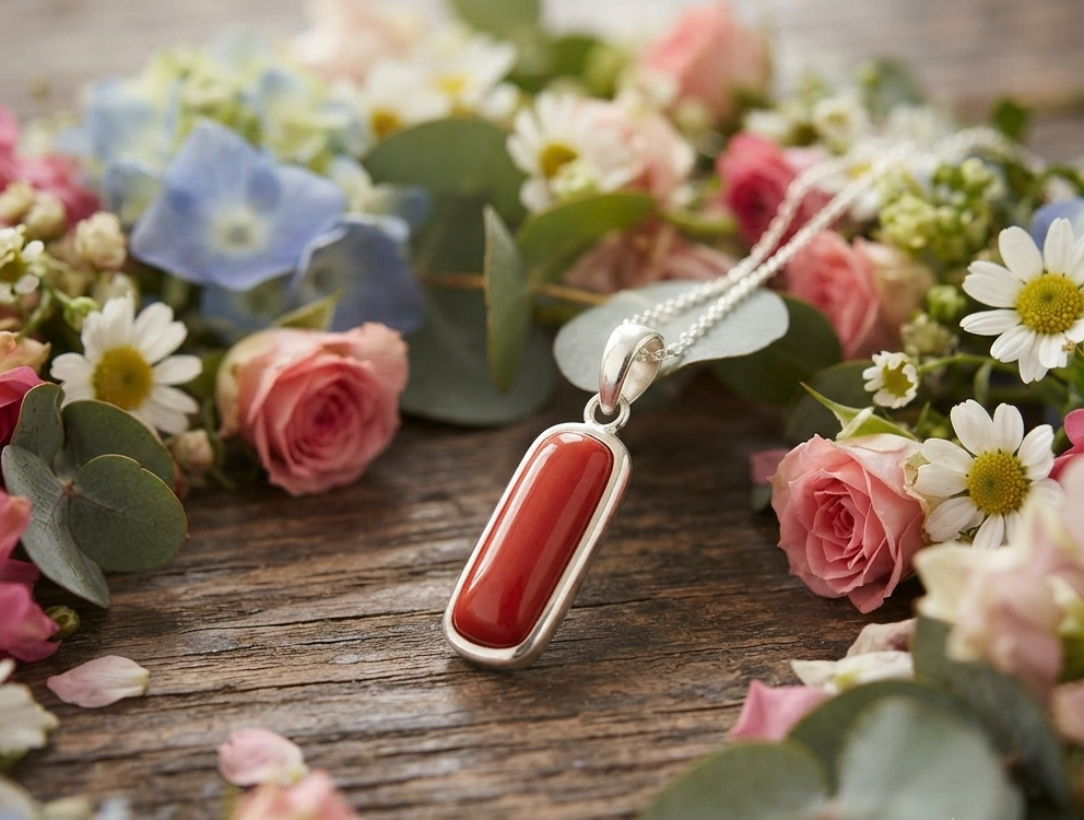 Natural and good quality coral (moonga) stone silver plated pendent - Image 2