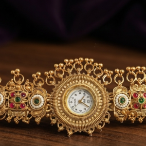 Antique Finish Floral Motif Kundan Bracelet Watch
