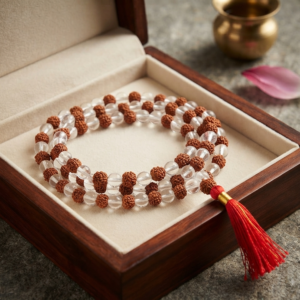 Alternative view of Natural Rudraksha & Clear Quartz Prayer Beads