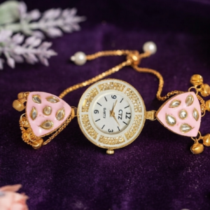 CTZ Gold-Plated Kundan and Pink Enamel Designer Bracelet Watch