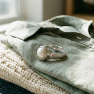 Alternative view of Natural and certified pearl (moti) silver plated adjustable ring