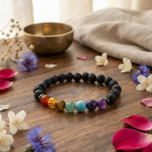 Alternative view of Natural handmade 7 Chakra Lava Stone Unisex Elastic Bracelet.