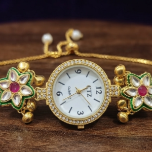 Kashmiri Style Gold-Plated Kundan Meenakari Bracelet Watch for Women