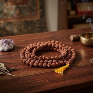 Alternative view of 108+1 Bead Natural Rudraksha Mala for Prayer, Meditation, and Yoga 5 Mukhi Rudraksha Jaap Mala with Yellow Tassel