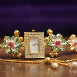 Alternative view of Traditional Kundan & Stone-Studded Ethnic Bracelet Watch with Ghungroo Accents