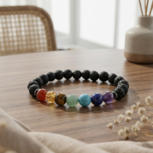Natural handmade 7 Chakra Lava Stone Unisex Elastic Bracelet.