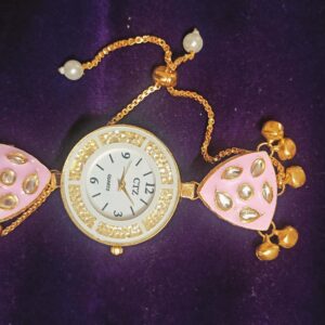Alternative view of CTZ Gold-Plated Kundan and Pink Enamel Designer Bracelet Watch